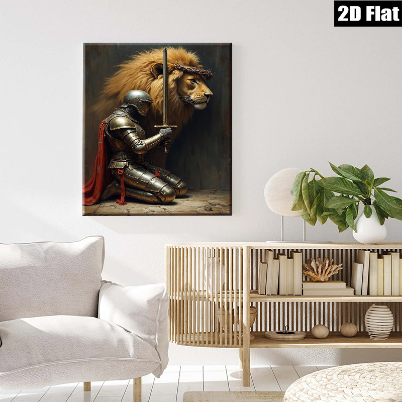 2D flat 1pc Knight Praying Before Lion King Wall Art Canvas Prints for Living Room Bedroom Home Decor farmhouse style modern minimalist gallery wrapped