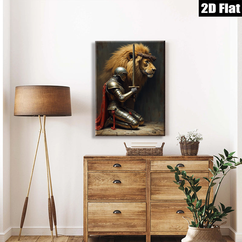 2D flat 1pc Knight Praying Before Lion King Wall Art Canvas Prints for Living Room Bedroom Home Decor farmhouse style modern minimalist gallery wrapped