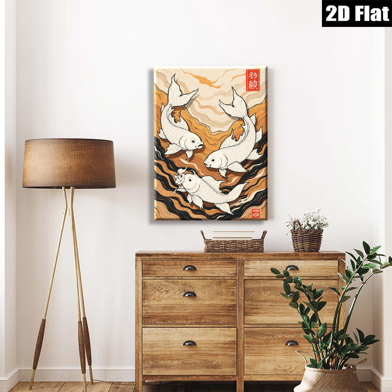 2D flat 1pc Koi Fish Wall Art Canvas Painting Modern Farmhouse Decor Living Room Bedroom Office Gallery Wrapped Ready to Hang