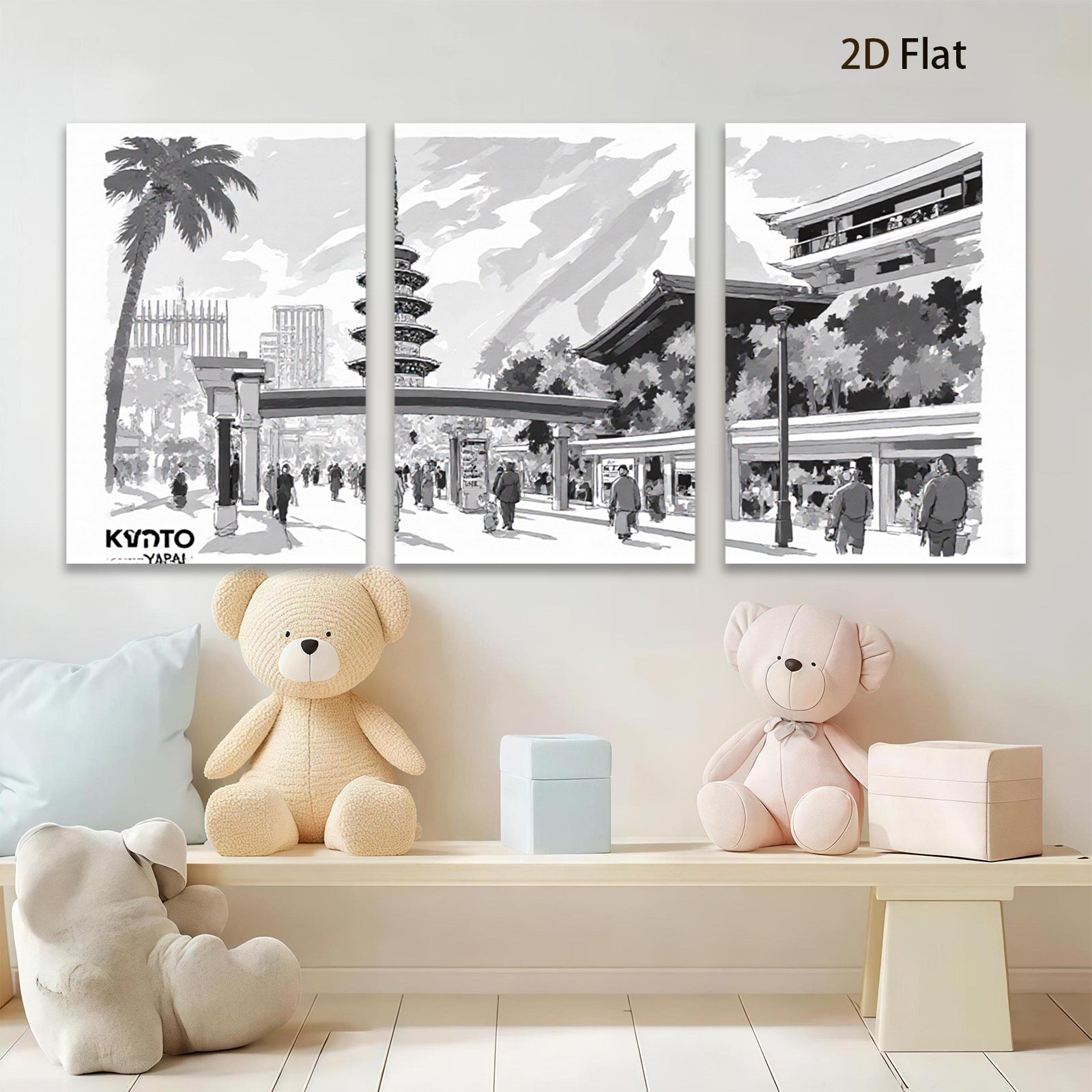 2D flat 1pc Kyoto Japan Tower Street View Wall Art Canvas Prints for Living Room Bedroom Home Decor Modern Farmhouse Gallery Wrapped