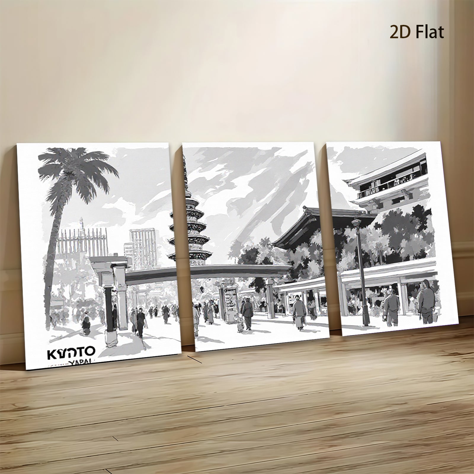 2D flat 1pc Kyoto Japan Tower Street View Wall Art Canvas Prints for Living Room Bedroom Home Decor Modern Farmhouse Gallery Wrapped