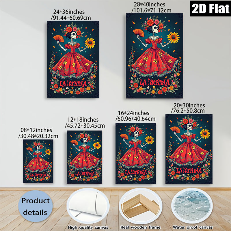 2D flat 1pc La Catrina floral skeleton Day of Dead wall art bedroom living room gallery wrapped canvas modern farmhouse decor