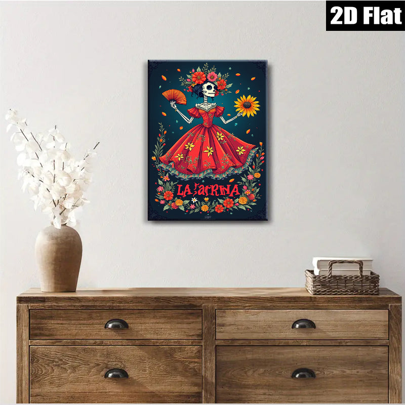 2D flat 1pc La Catrina floral skeleton Day of Dead wall art bedroom living room gallery wrapped canvas modern farmhouse decor