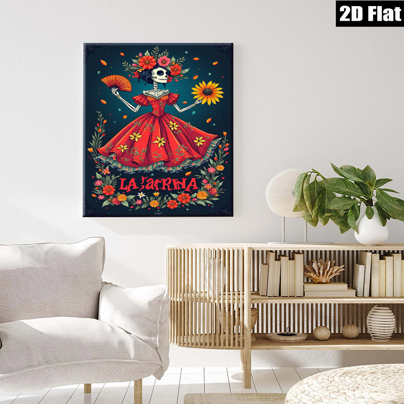 2D flat 1pc La Catrina floral skeleton Day of Dead wall art bedroom living room gallery wrapped canvas modern farmhouse decor