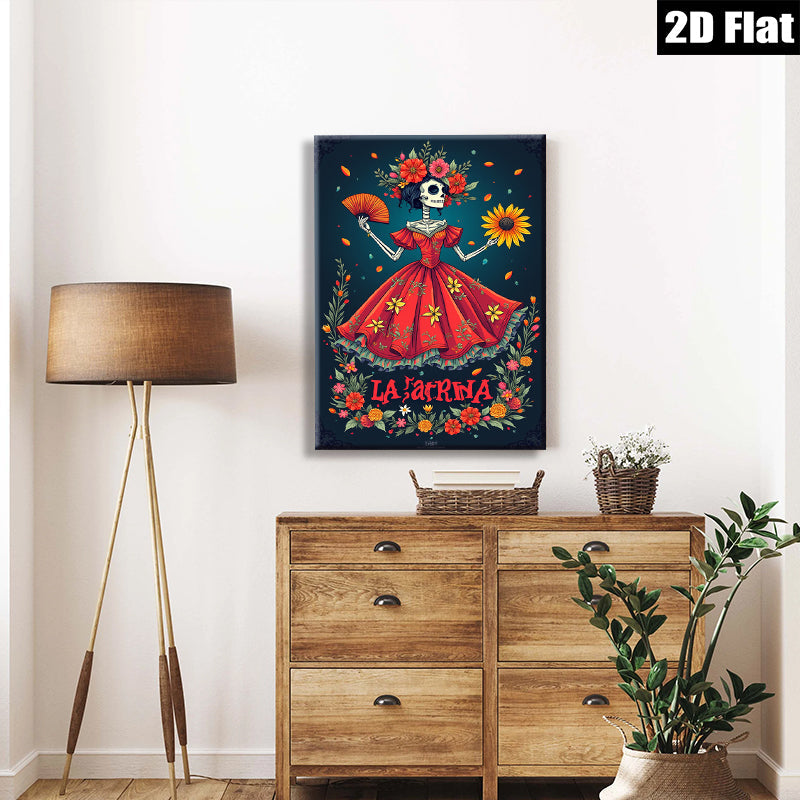 2D flat 1pc La Catrina floral skeleton Day of Dead wall art bedroom living room gallery wrapped canvas modern farmhouse decor