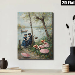 2D flat 1pc Lakeside Ladies with Parasols Romantic Wall Art for Living Room Bedroom Home Decor Gallery Wrapped Canvas Prints Modern Farmhouse Style