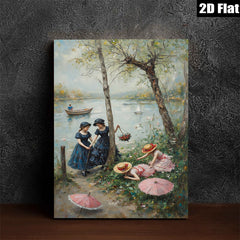 2D flat 1pc Lakeside Ladies with Parasols Romantic Wall Art for Living Room Bedroom Home Decor Gallery Wrapped Canvas Prints Modern Farmhouse Style