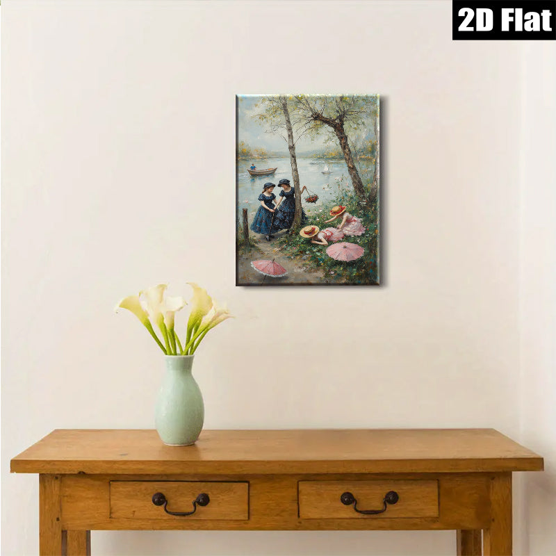 2D flat 1pc Lakeside Ladies with Parasols Romantic Wall Art for Living Room Bedroom Home Decor Gallery Wrapped Canvas Prints Modern Farmhouse Style