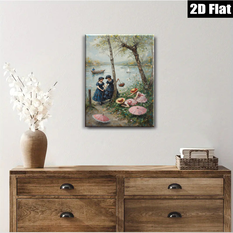 2D flat 1pc Lakeside Ladies with Parasols Romantic Wall Art for Living Room Bedroom Home Decor Gallery Wrapped Canvas Prints Modern Farmhouse Style