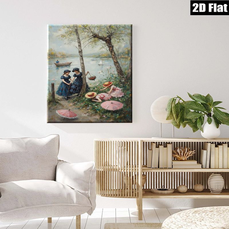 2D flat 1pc Lakeside Ladies with Parasols Romantic Wall Art for Living Room Bedroom Home Decor Gallery Wrapped Canvas Prints Modern Farmhouse Style
