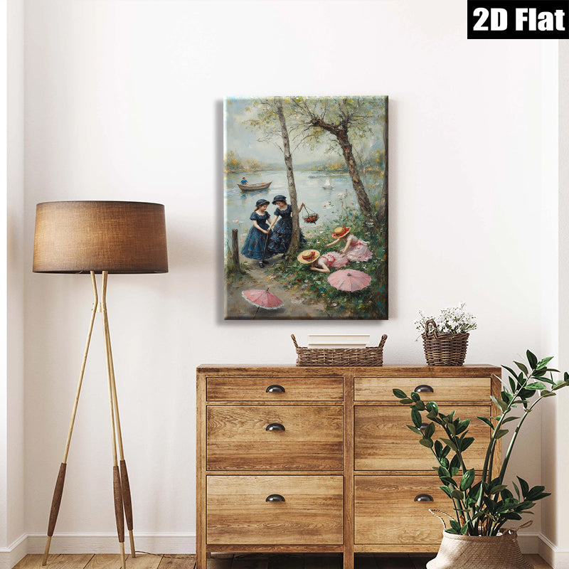 2D flat 1pc Lakeside Ladies with Parasols Romantic Wall Art for Living Room Bedroom Home Decor Gallery Wrapped Canvas Prints Modern Farmhouse Style