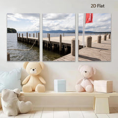 2D flat 1pc Lakeside wooden dock scenic view coastal wall art living room bedroom decor farmhouse style gallery wrapped canvas prints modern minimalist home decorations