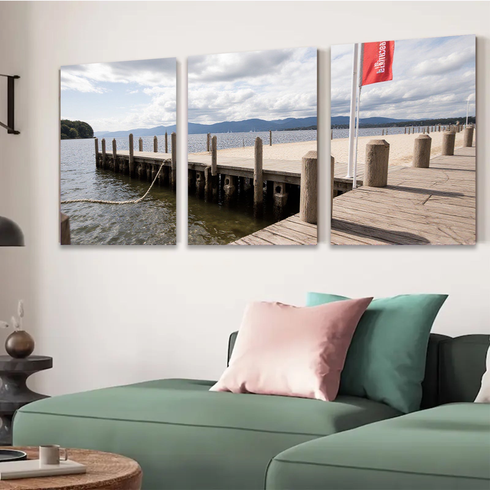 2D flat 1pc Lakeside wooden dock scenic view coastal wall art living room bedroom decor farmhouse style gallery wrapped canvas prints modern minimalist home decorations
