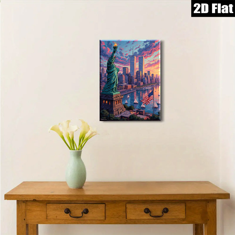2D flat 1pc Liberty illuminating New York skyline vibrant patriotic wall art home office decor farmhouse style canvas prints gifts modern farmhouse