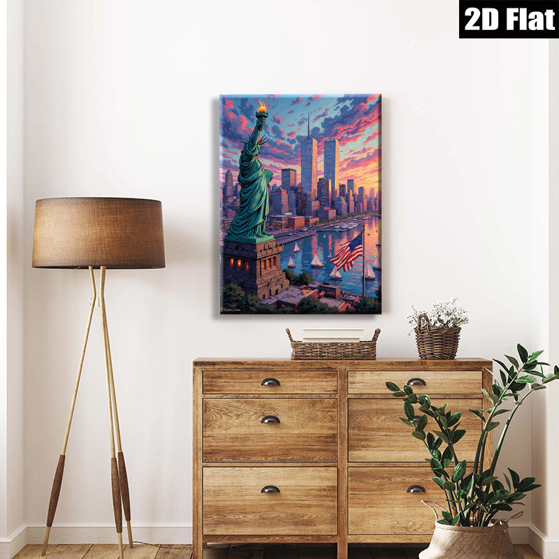 2D flat 1pc Liberty illuminating New York skyline vibrant patriotic wall art home office decor farmhouse style canvas prints gifts modern farmhouse