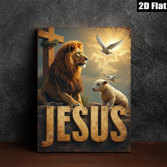 2D flat 1pc Lion Lamb Cross Hopeful Faith Wall Art Canvas Prints for Living Room Bedroom Home Decor Inspirational Religious Artwork Modern Farmhouse Style