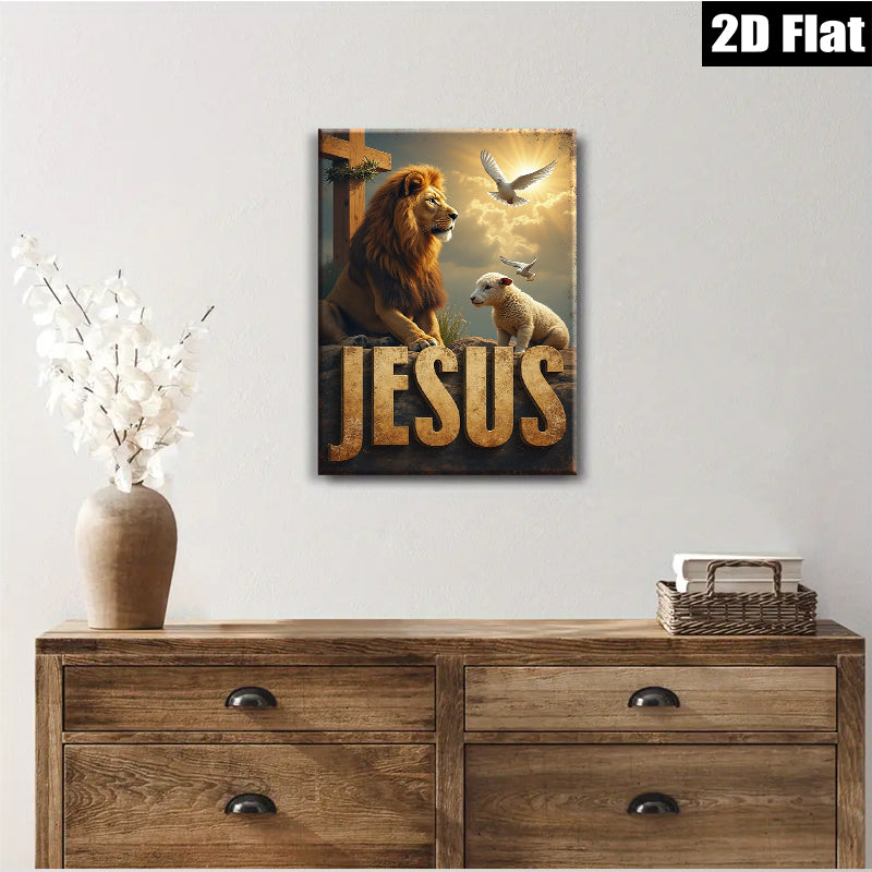 2D flat 1pc Lion Lamb Cross Hopeful Faith Wall Art Canvas Prints for Living Room Bedroom Home Decor Inspirational Religious Artwork Modern Farmhouse Style