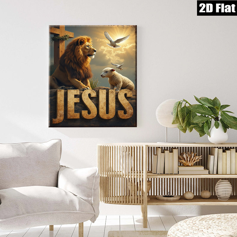 2D flat 1pc Lion Lamb Cross Hopeful Faith Wall Art Canvas Prints for Living Room Bedroom Home Decor Inspirational Religious Artwork Modern Farmhouse Style