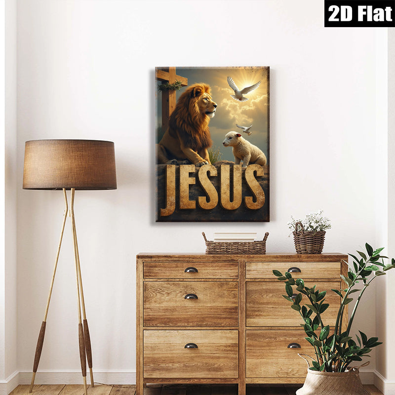 2D flat 1pc Lion Lamb Cross Hopeful Faith Wall Art Canvas Prints for Living Room Bedroom Home Decor Inspirational Religious Artwork Modern Farmhouse Style