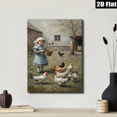 2D flat 1pc Little Girl Feeding Chickens Farm Life Wall Art Decor for Living Room Bedroom Gallery Wrapped Canvas Prints Modern Farmhouse Style