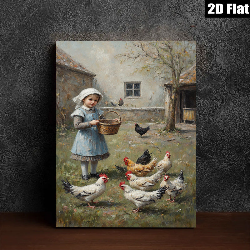 2D flat 1pc Little Girl Feeding Chickens Farm Life Wall Art Decor for Living Room Bedroom Gallery Wrapped Canvas Prints Modern Farmhouse Style