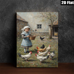 2D flat 1pc Little Girl Feeding Chickens Farm Life Wall Art Decor for Living Room Bedroom Gallery Wrapped Canvas Prints Modern Farmhouse Style