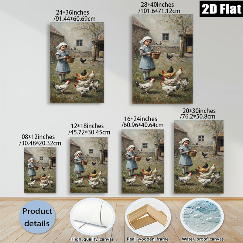 2D flat 1pc Little Girl Feeding Chickens Farm Life Wall Art Decor for Living Room Bedroom Gallery Wrapped Canvas Prints Modern Farmhouse Style