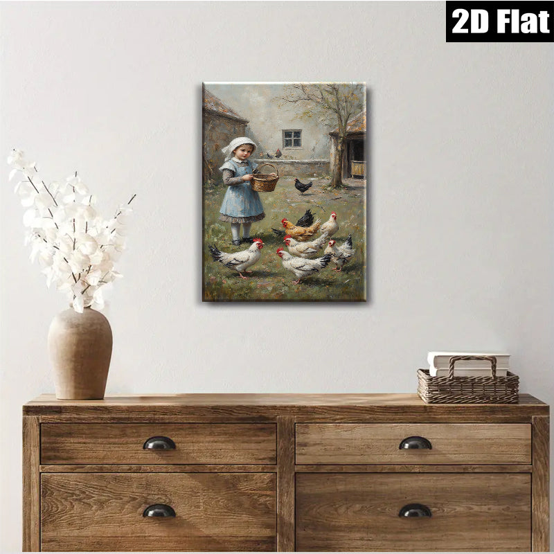 2D flat 1pc Little Girl Feeding Chickens Farm Life Wall Art Decor for Living Room Bedroom Gallery Wrapped Canvas Prints Modern Farmhouse Style