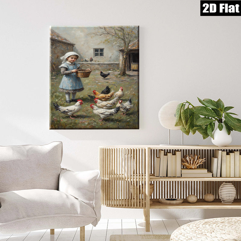 2D flat 1pc Little Girl Feeding Chickens Farm Life Wall Art Decor for Living Room Bedroom Gallery Wrapped Canvas Prints Modern Farmhouse Style