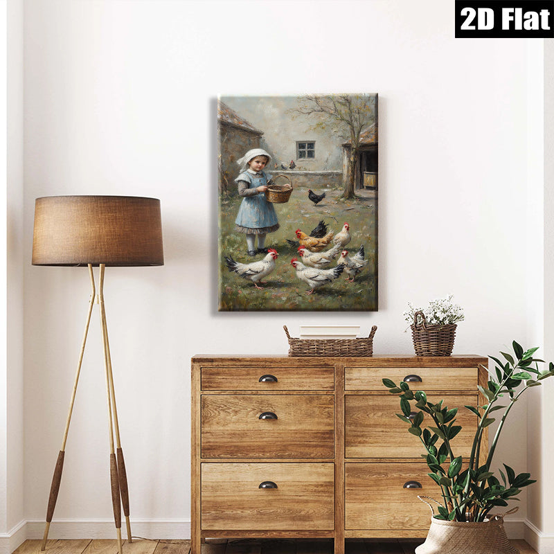 2D flat 1pc Little Girl Feeding Chickens Farm Life Wall Art Decor for Living Room Bedroom Gallery Wrapped Canvas Prints Modern Farmhouse Style