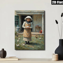 2D flat 1pc Little Girl Feeding Chickens Farm Life Wall Decor Canvas Print for Living Room Bedroom Kitchen Home Office Gallery Wrapped Ready to Hang Farmhouse Style