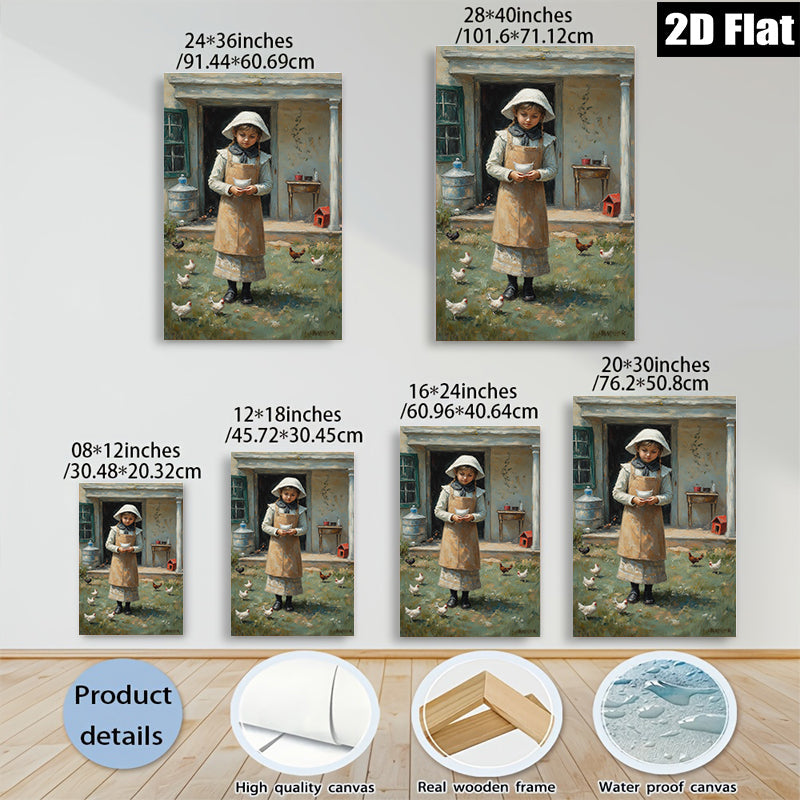 2D flat 1pc Little Girl Feeding Chickens Farm Life Wall Decor Canvas Print for Living Room Bedroom Kitchen Home Office Gallery Wrapped Ready to Hang Farmhouse Style