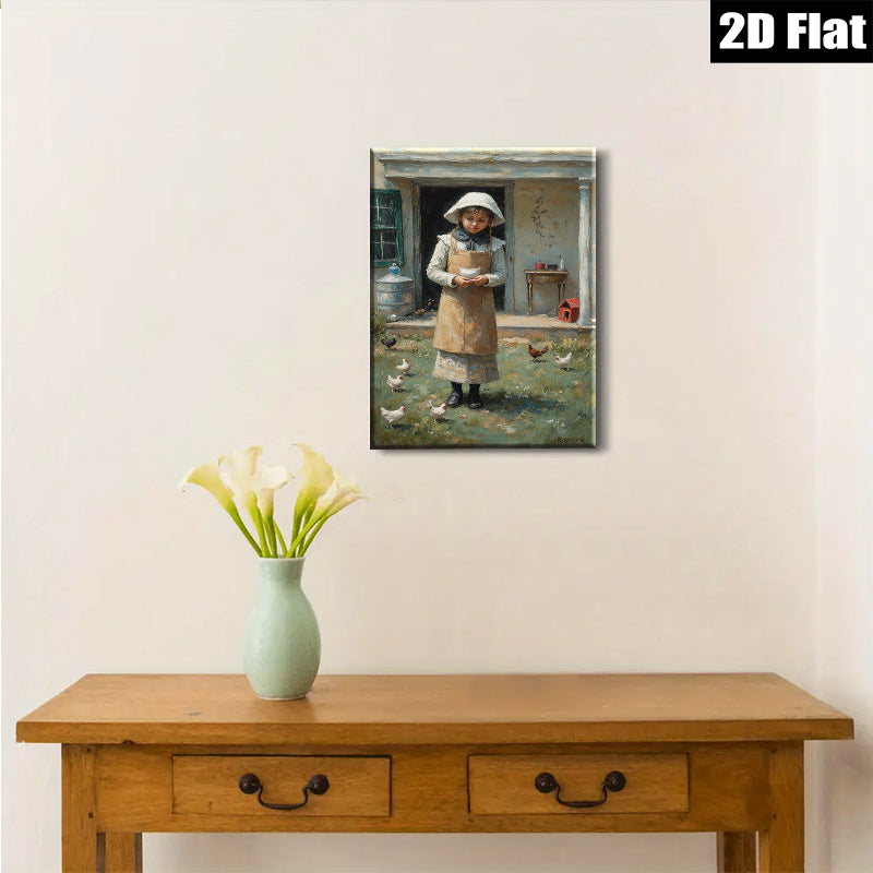 2D flat 1pc Little Girl Feeding Chickens Farm Life Wall Decor Canvas Print for Living Room Bedroom Kitchen Home Office Gallery Wrapped Ready to Hang Farmhouse Style