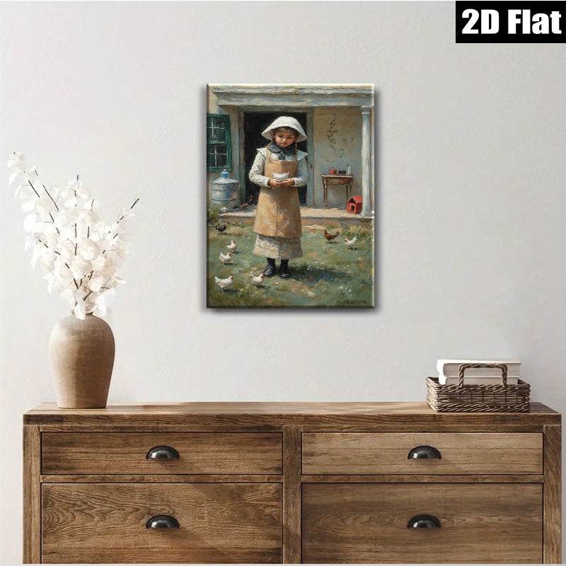 2D flat 1pc Little Girl Feeding Chickens Farm Life Wall Decor Canvas Print for Living Room Bedroom Kitchen Home Office Gallery Wrapped Ready to Hang Farmhouse Style