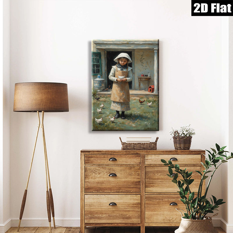 2D flat 1pc Little Girl Feeding Chickens Farm Life Wall Decor Canvas Print for Living Room Bedroom Kitchen Home Office Gallery Wrapped Ready to Hang Farmhouse Style