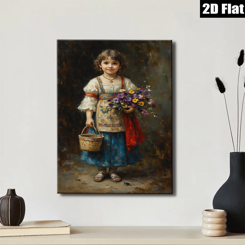 2D flat 1pc Little Girl with Wildflowers Pastoral Scene Farmhouse Wall Decor Living Room Bedroom Art Prints Canvas Paintings Gift Ideas