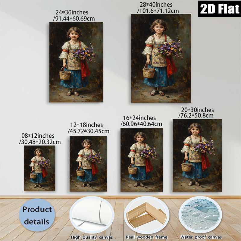 2D flat 1pc Little Girl with Wildflowers Pastoral Scene Farmhouse Wall Decor Living Room Bedroom Art Prints Canvas Paintings Gift Ideas