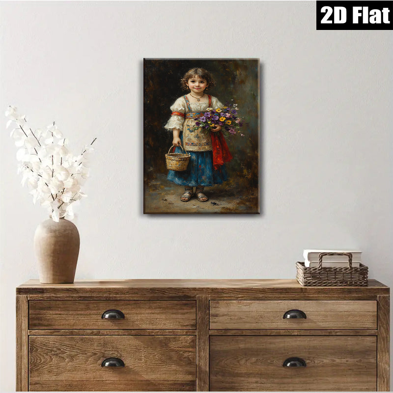2D flat 1pc Little Girl with Wildflowers Pastoral Scene Farmhouse Wall Decor Living Room Bedroom Art Prints Canvas Paintings Gift Ideas