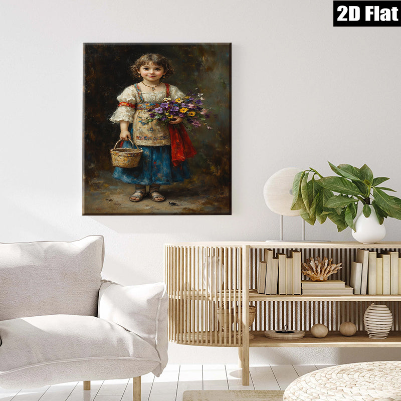2D flat 1pc Little Girl with Wildflowers Pastoral Scene Farmhouse Wall Decor Living Room Bedroom Art Prints Canvas Paintings Gift Ideas