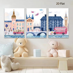 2D flat 1pc London Cityscape Painting Vibrant Bus Illustration Kids Room Decor Living Room Wall Art Modern Farmhouse Style Canvas Prints Cozy Aesthetic