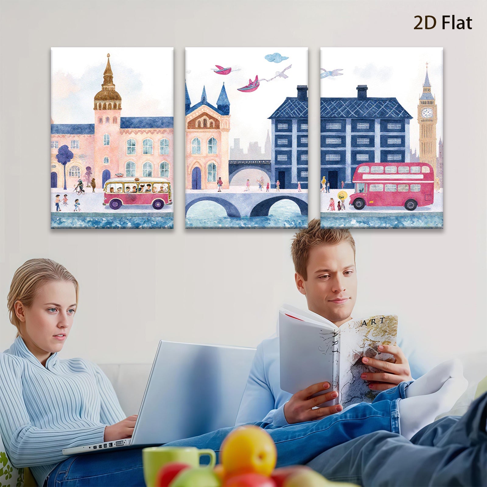 2D flat 1pc London Cityscape Painting Vibrant Bus Illustration Kids Room Decor Living Room Wall Art Modern Farmhouse Style Canvas Prints Cozy Aesthetic