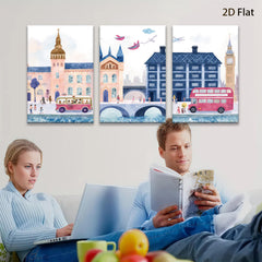 2D flat 1pc London Cityscape Painting Vibrant Bus Illustration Kids Room Decor Living Room Wall Art Modern Farmhouse Style Canvas Prints Cozy Aesthetic