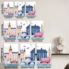 2D flat 1pc London Cityscape Painting Vibrant Bus Illustration Kids Room Decor Living Room Wall Art Modern Farmhouse Style Canvas Prints Cozy Aesthetic
