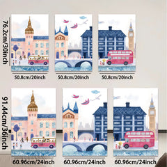 2D flat 1pc London Cityscape Painting Vibrant Bus Illustration Kids Room Decor Living Room Wall Art Modern Farmhouse Style Canvas Prints Cozy Aesthetic