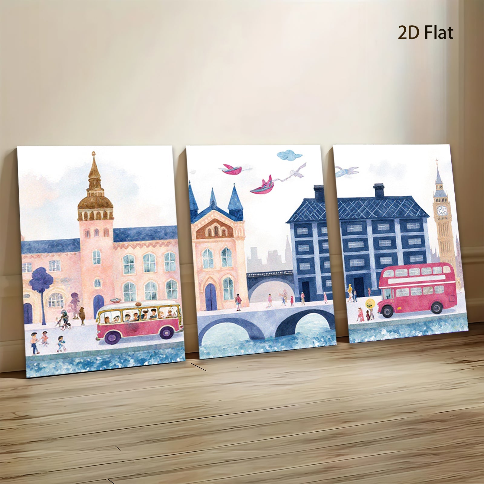 2D flat 1pc London Cityscape Painting Vibrant Bus Illustration Kids Room Decor Living Room Wall Art Modern Farmhouse Style Canvas Prints Cozy Aesthetic