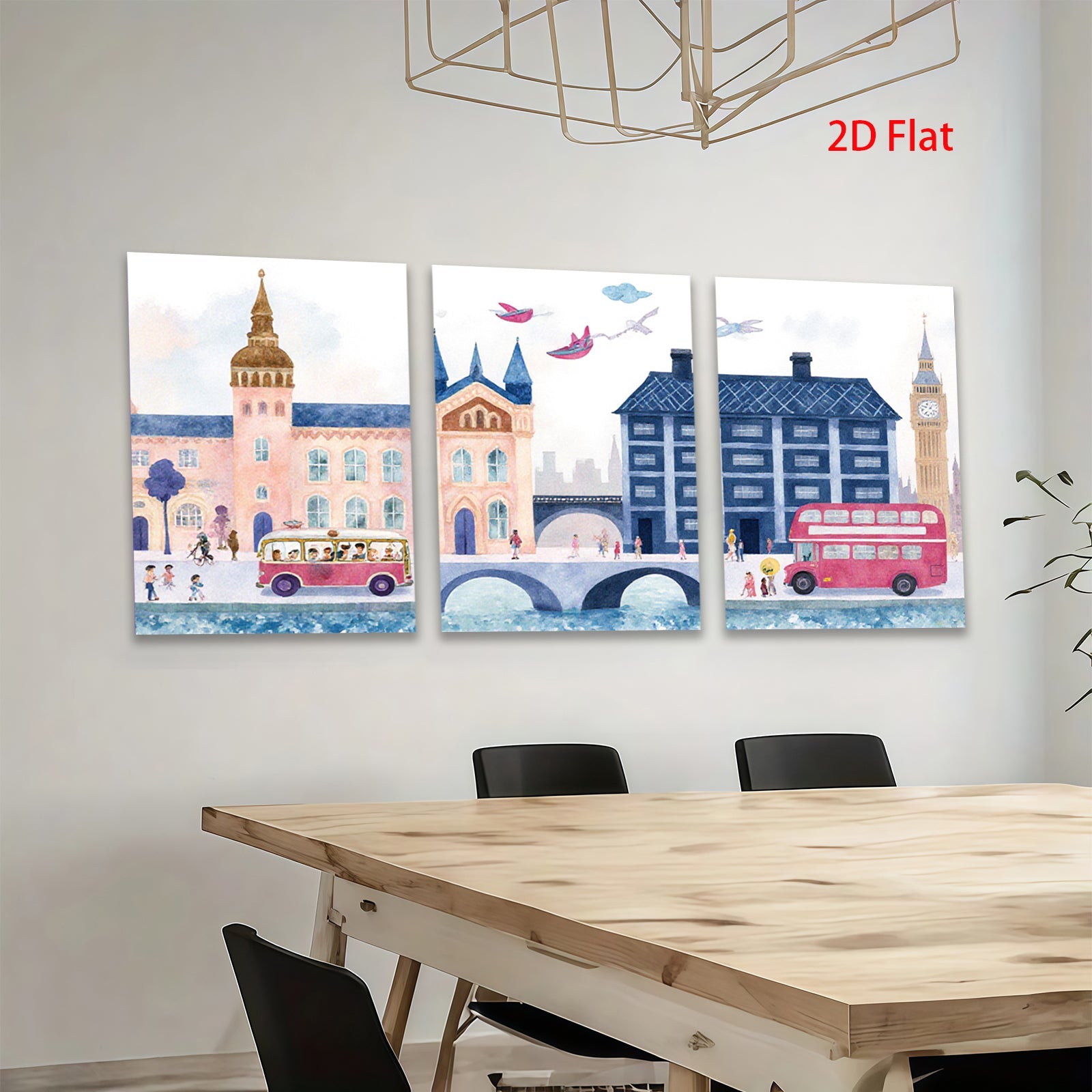 2D flat 1pc London Cityscape Painting Vibrant Bus Illustration Kids Room Decor Living Room Wall Art Modern Farmhouse Style Canvas Prints Cozy Aesthetic