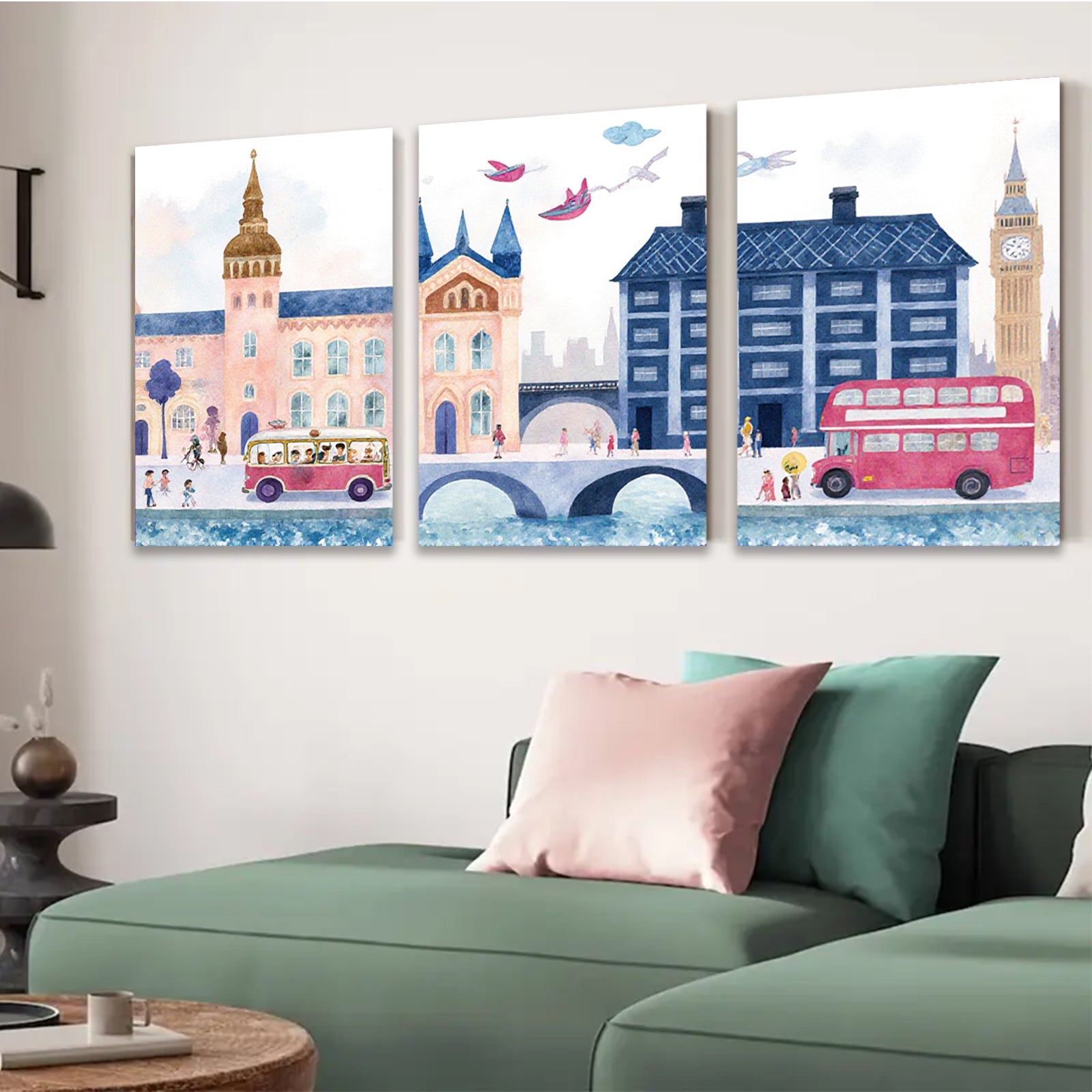 2D flat 1pc London Cityscape Painting Vibrant Bus Illustration Kids Room Decor Living Room Wall Art Modern Farmhouse Style Canvas Prints Cozy Aesthetic