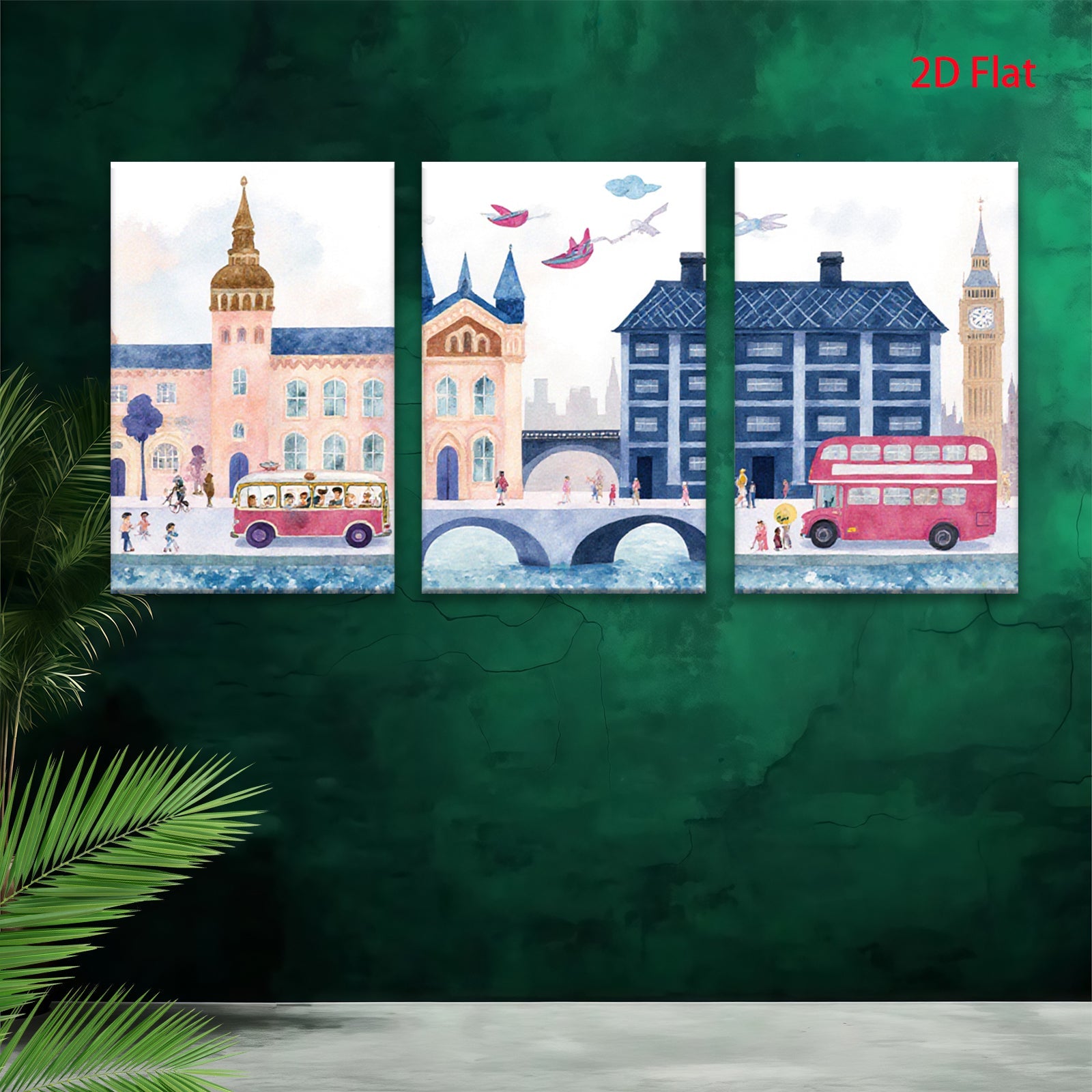 2D flat 1pc London Cityscape Painting Vibrant Bus Illustration Kids Room Decor Living Room Wall Art Modern Farmhouse Style Canvas Prints Cozy Aesthetic