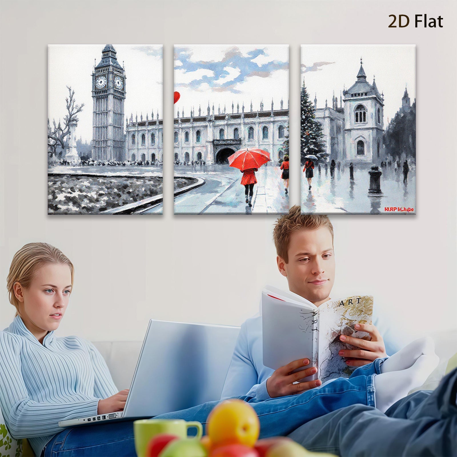 2D flat 1pc London city street rainy day winter scene wall art canvas prints for living room bedroom office decor farmhouse style modern minimalist cozy vibe