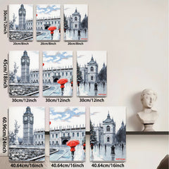 2D flat 1pc London city street rainy day winter scene wall art canvas prints for living room bedroom office decor farmhouse style modern minimalist cozy vibe